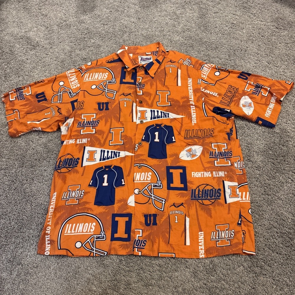 Reyn Spooner Mens XL Illinois Basketball Orange Rayon Button Up Hawaiian Shirt